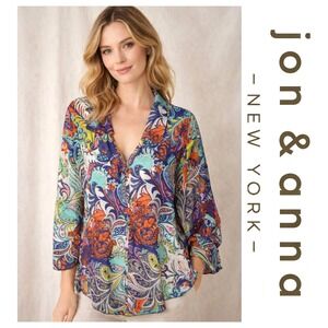 Jon & Anna Multicolor Paisley Print Button Down Sheer 3/4 Sleeve Top Size 2X
